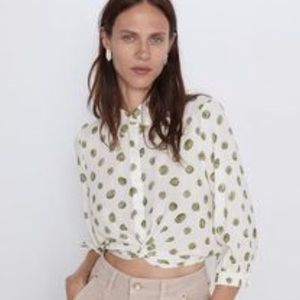 ZARA Ivory Green Polka Dot Twist Knot Crop Top